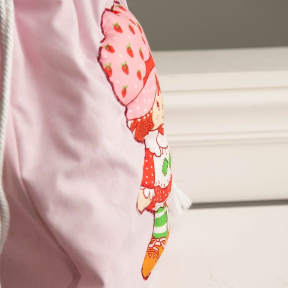 VTG 80s Strawberry Shortcake Pink Drawstring Bag 3D Puff Applique Retro KidCore - Picture 2 of 5